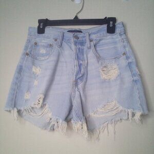Aeropostale Shorts 6 Women High Rise Cut-Off Button Fly Distressed Raw Hem Blue